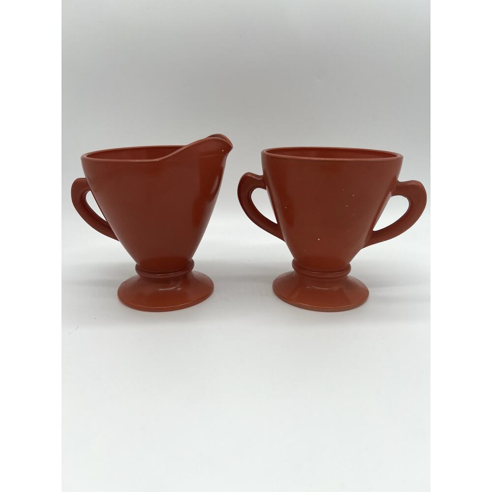 Vintage Hazel Atlas Glass Rust Orange Mid-Century Footed Open Creamer & Sugar